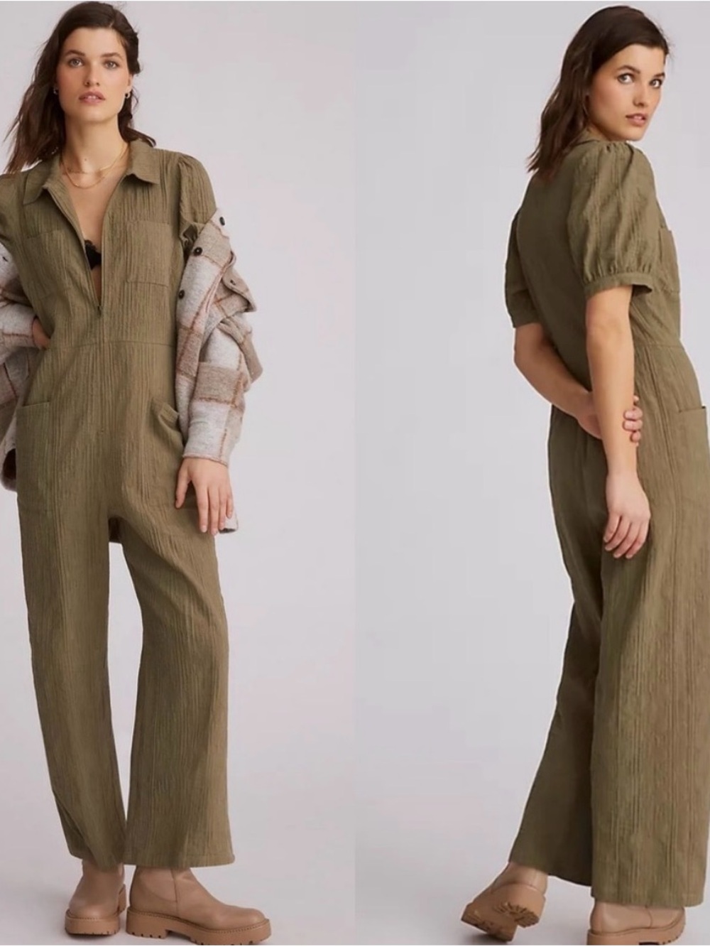 The Odells Anthropologie Olive Textured Short-Sleeve Jumpsuit never worn 10
